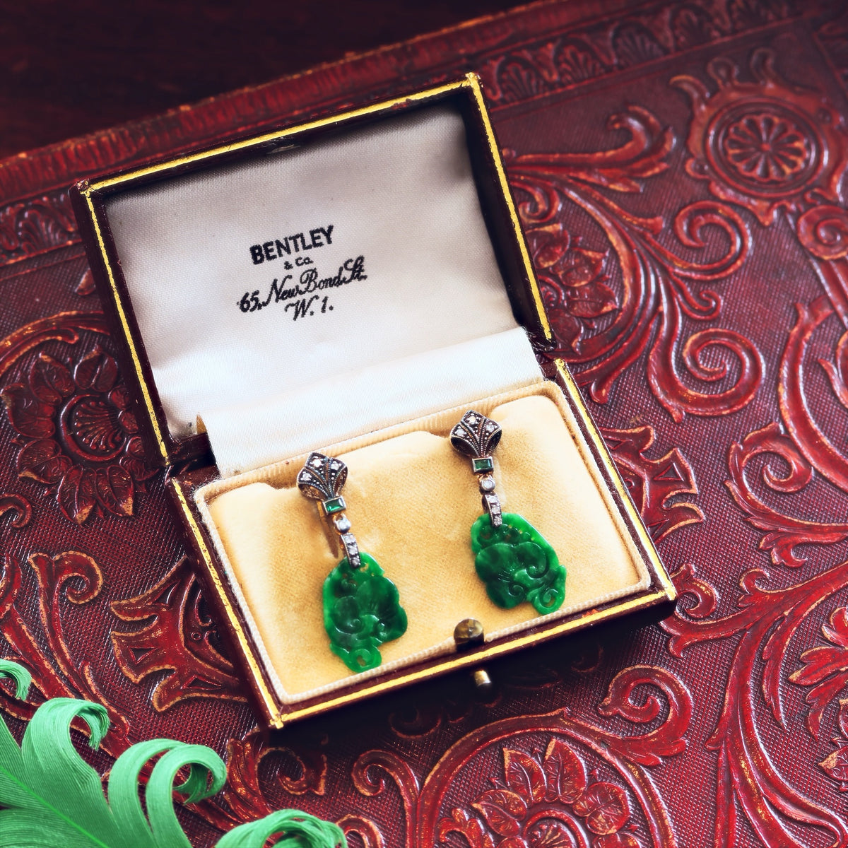 Vintage Chinese Jade Lotus Flower Drop Earrings