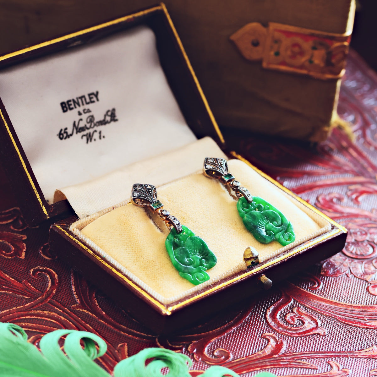 Vintage Chinese Jade Lotus Flower Drop Earrings