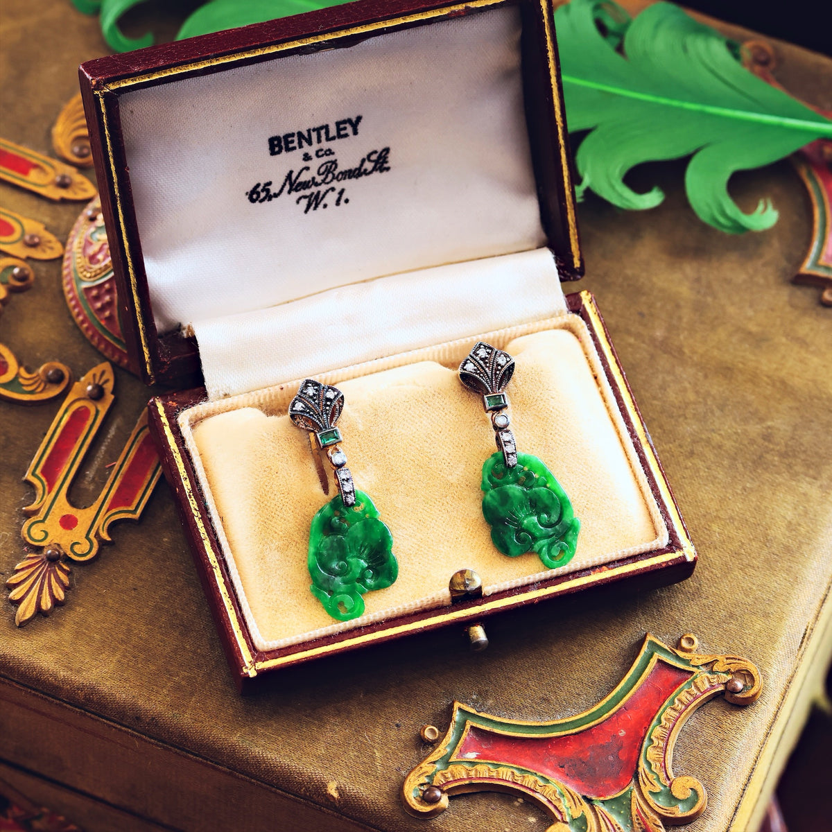Vintage Chinese Jade Lotus Flower Drop Earrings