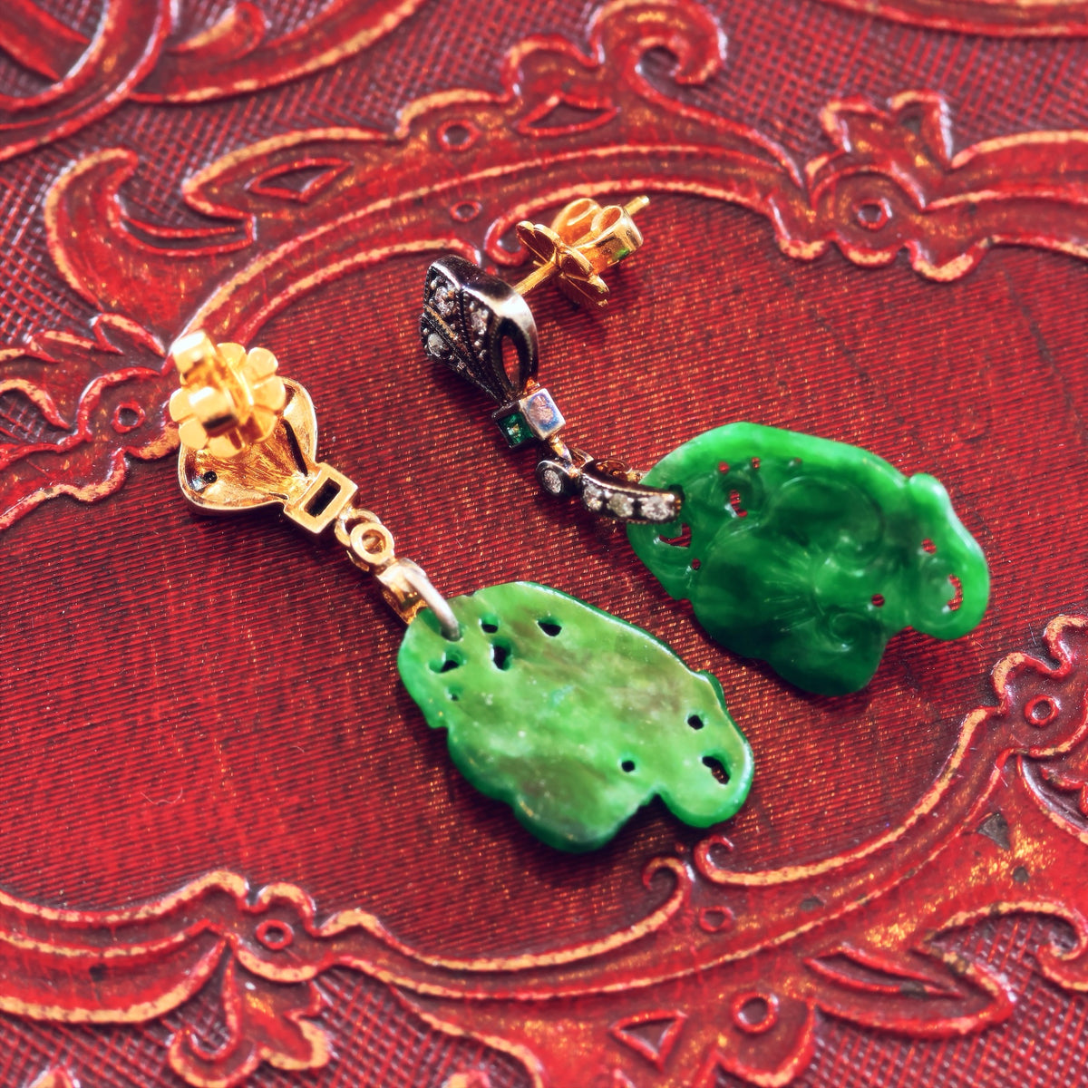 Vintage Chinese Jade Lotus Flower Drop Earrings