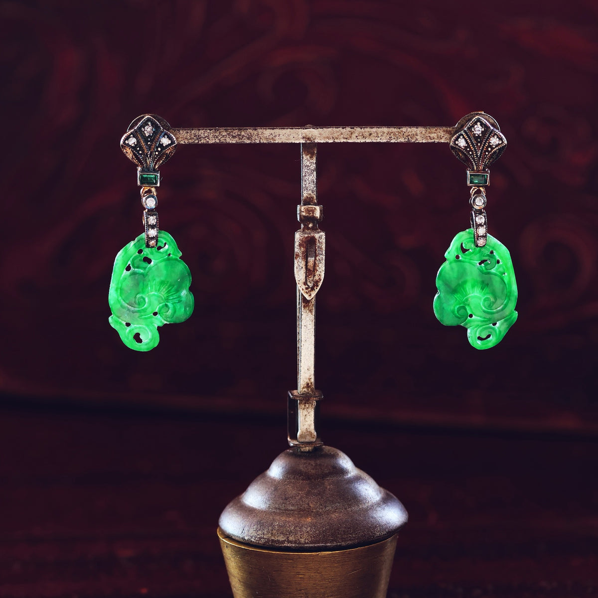 Vintage Chinese Jade Lotus Flower Drop Earrings