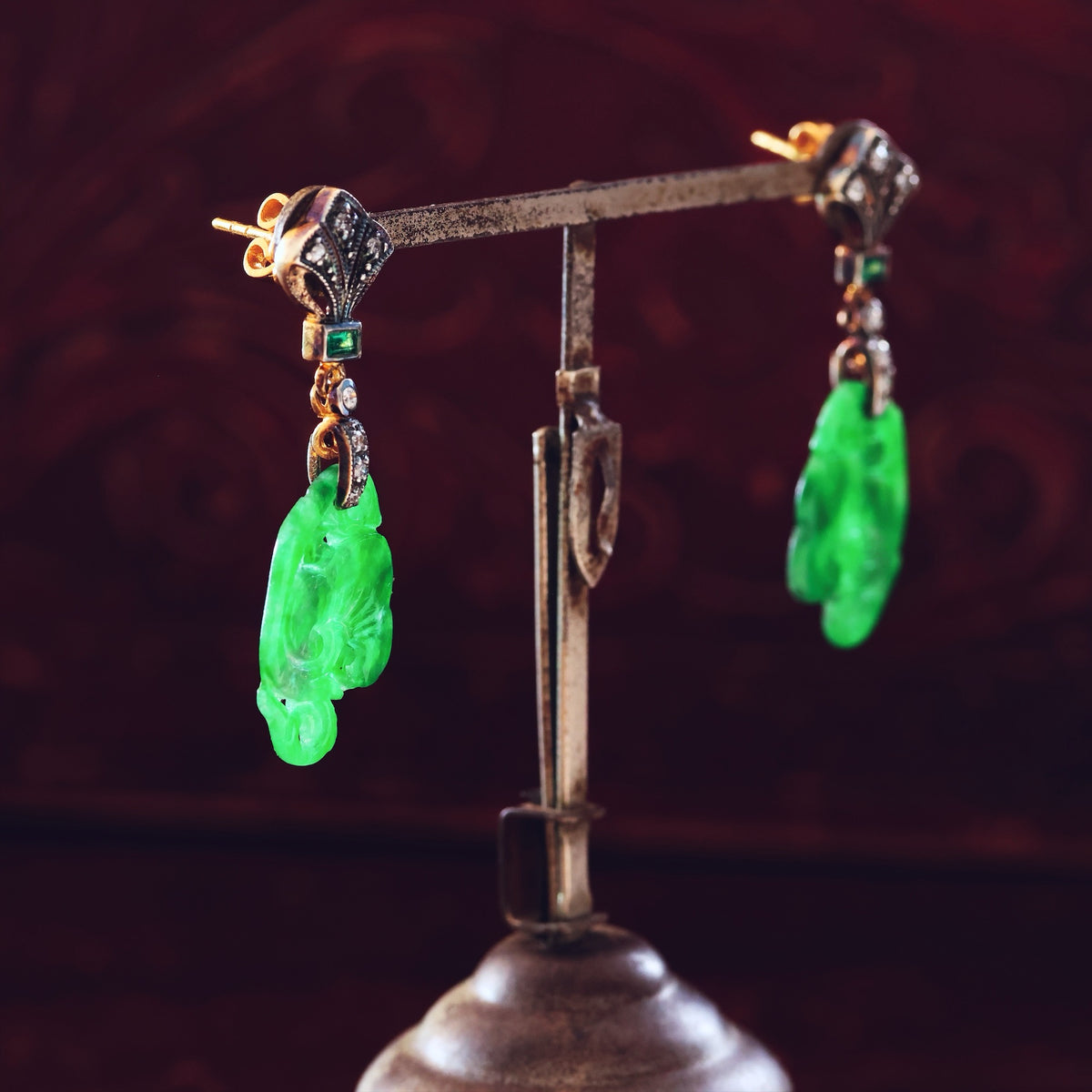Vintage Chinese Jade Lotus Flower Drop Earrings