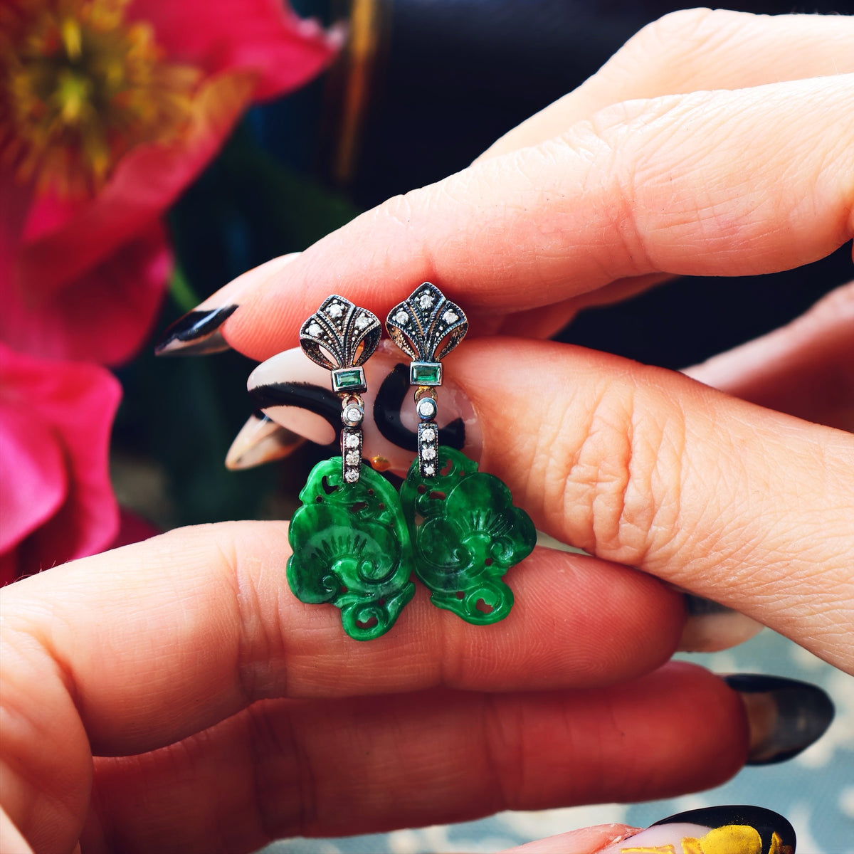 Vintage Chinese Jade Lotus Flower Drop Earrings