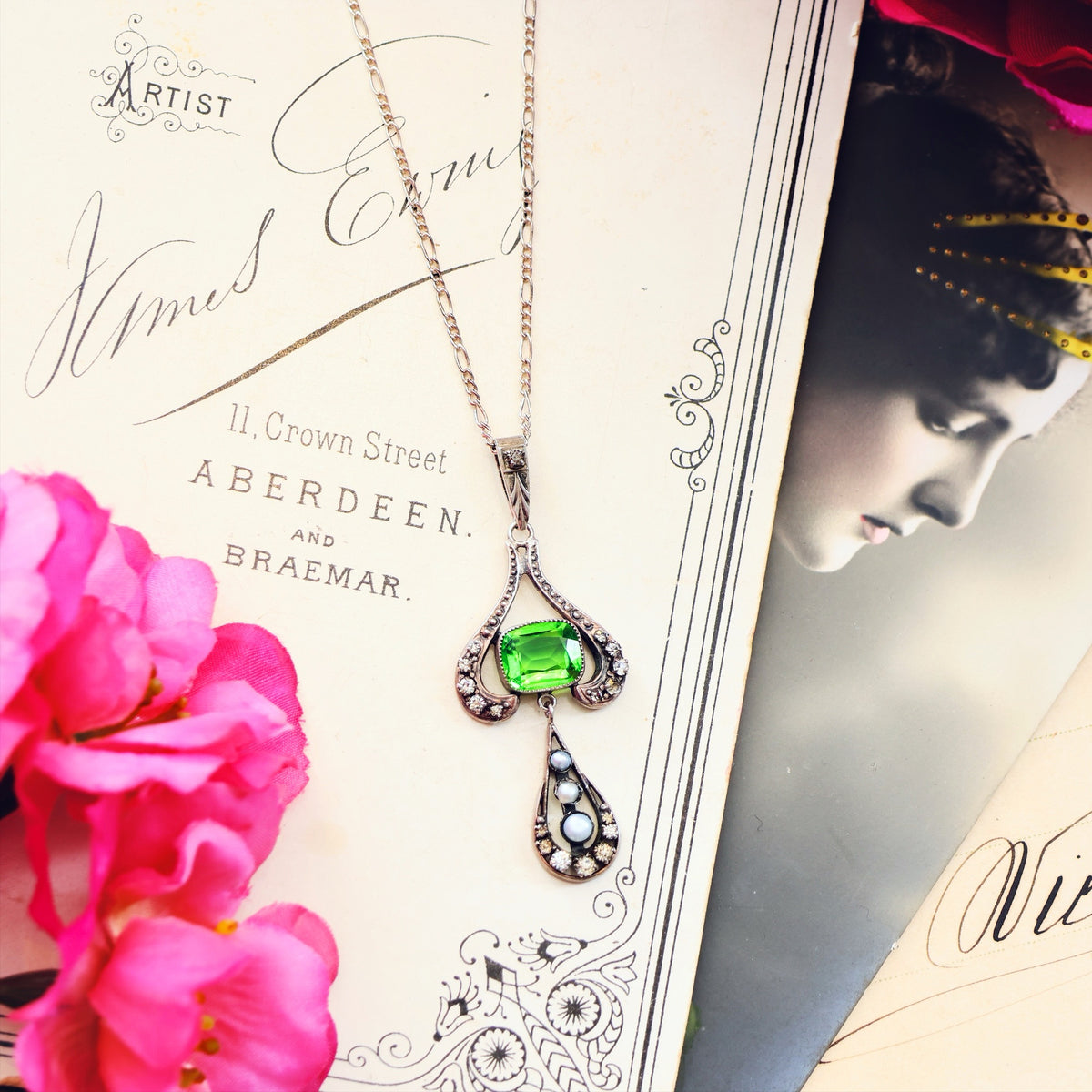 Vintage Continental Peridot Paste Silver Pendant