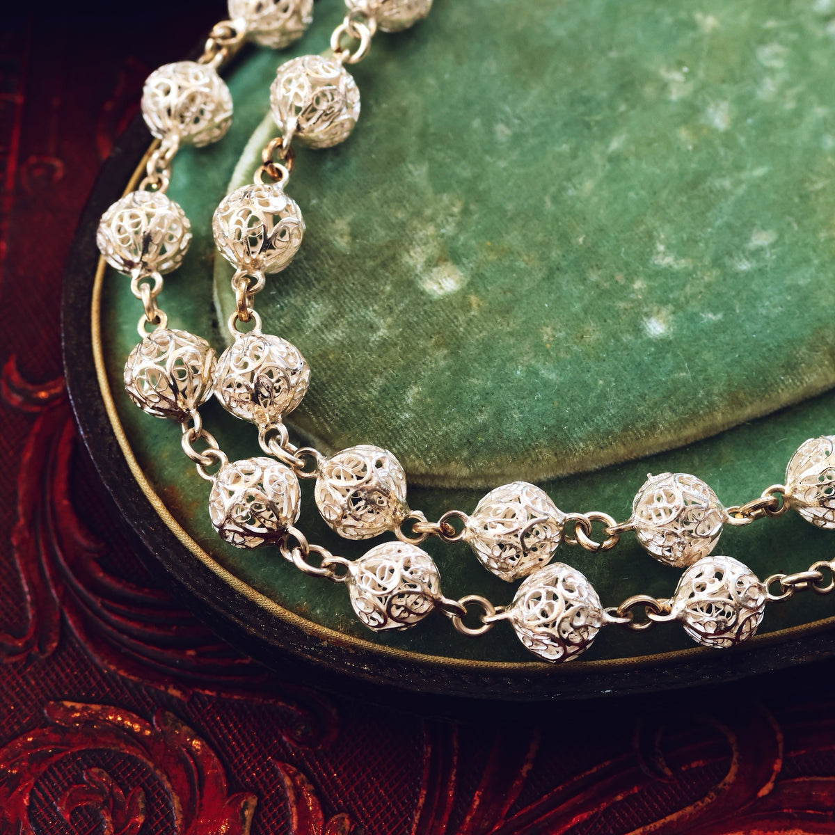 Vintage Continental Silver Filigree Bead Necklace