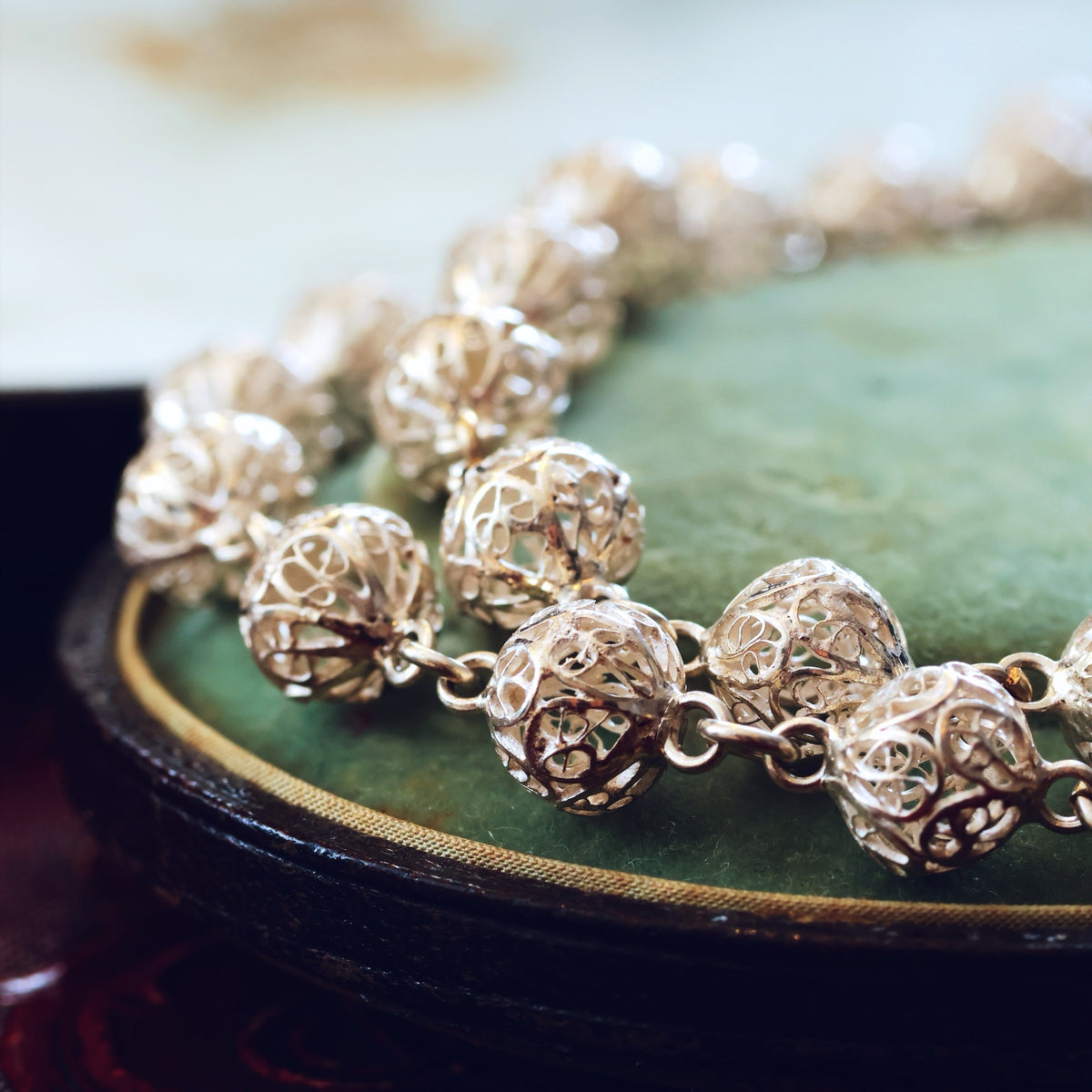 Vintage Continental Silver Filigree Bead Necklace