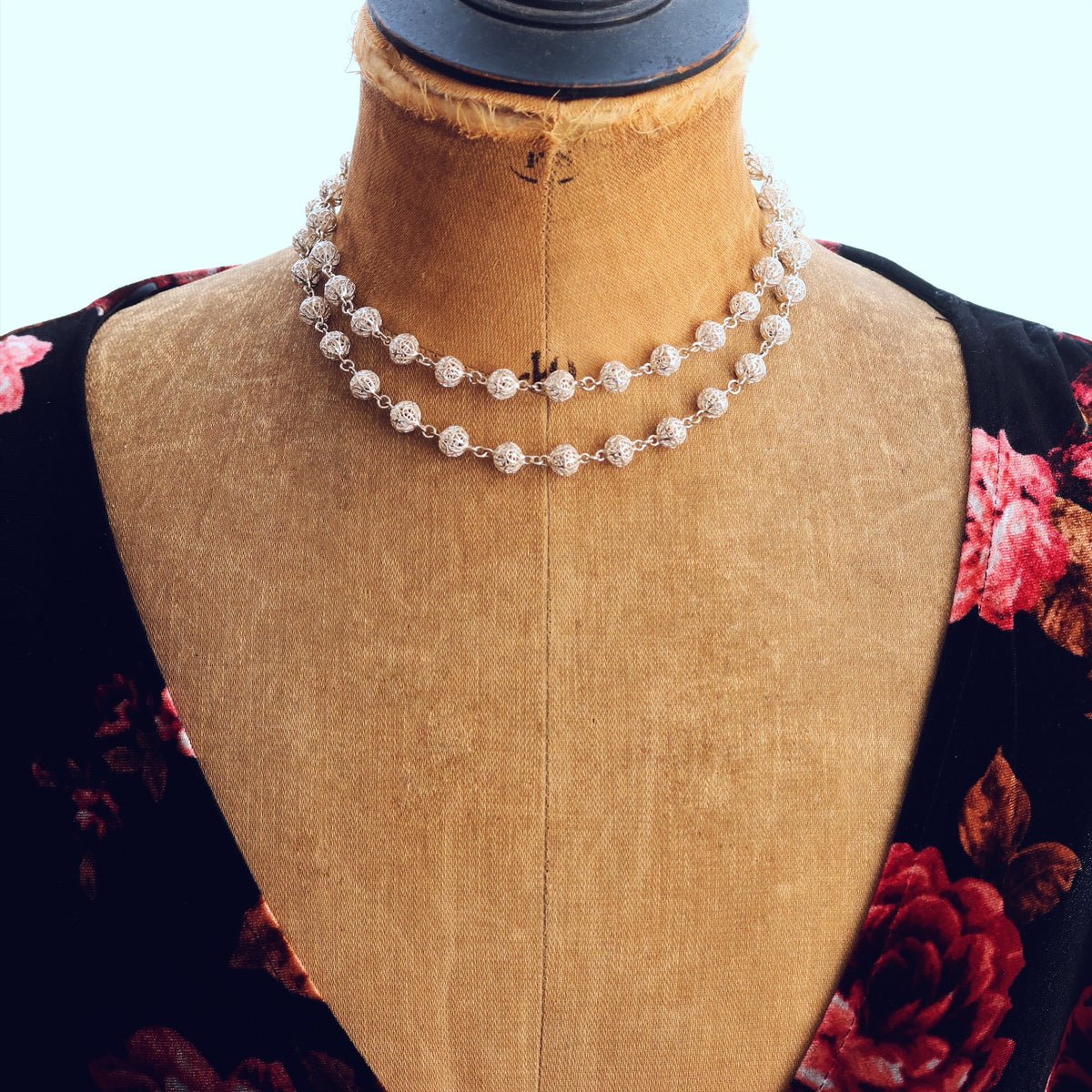 Vintage Continental Silver Filigree Bead Necklace
