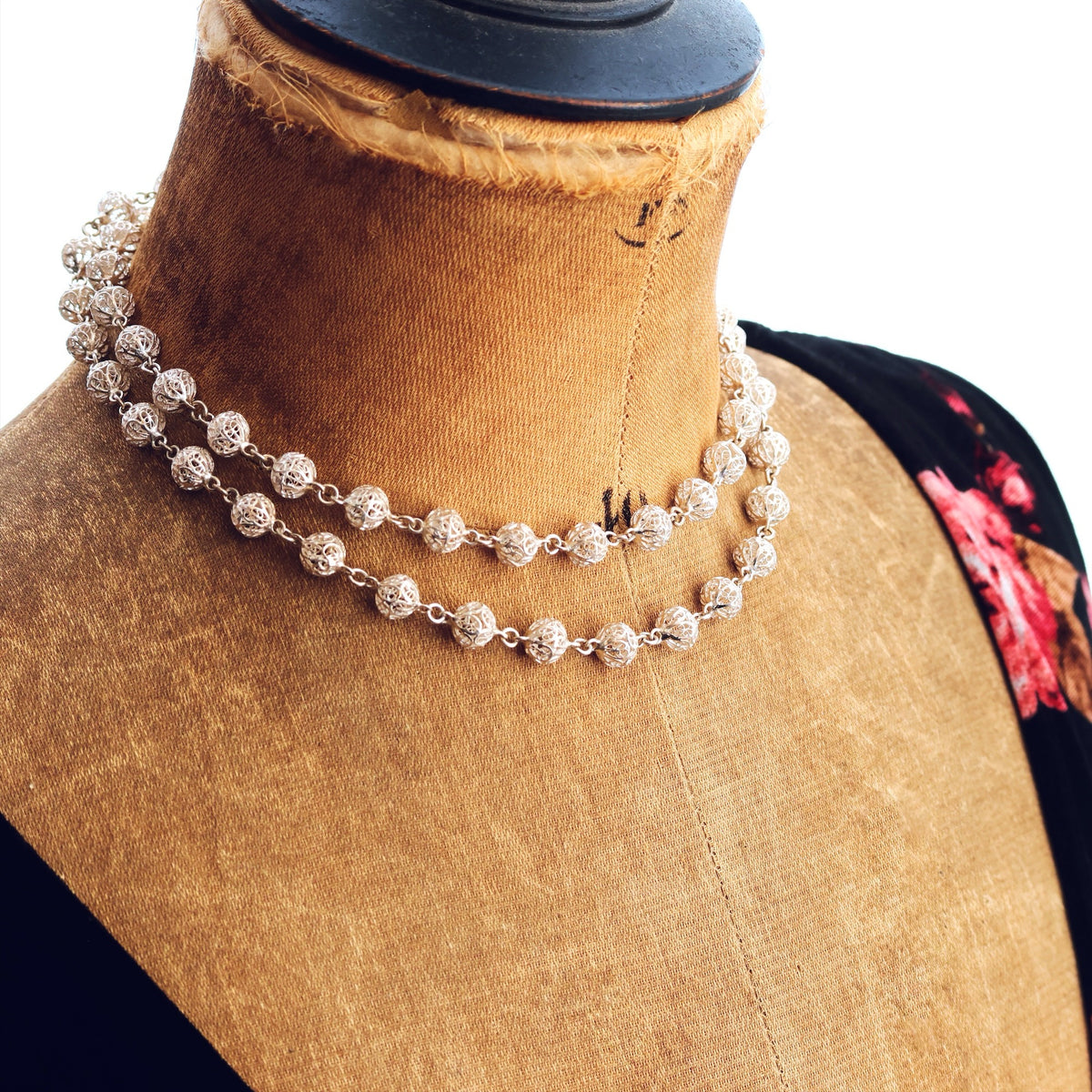 Vintage Continental Silver Filigree Bead Necklace