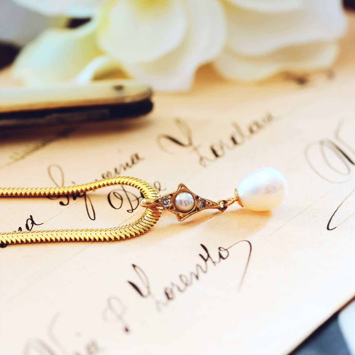 Recycled Vintage Cultured Pearl & Diamond Pendant