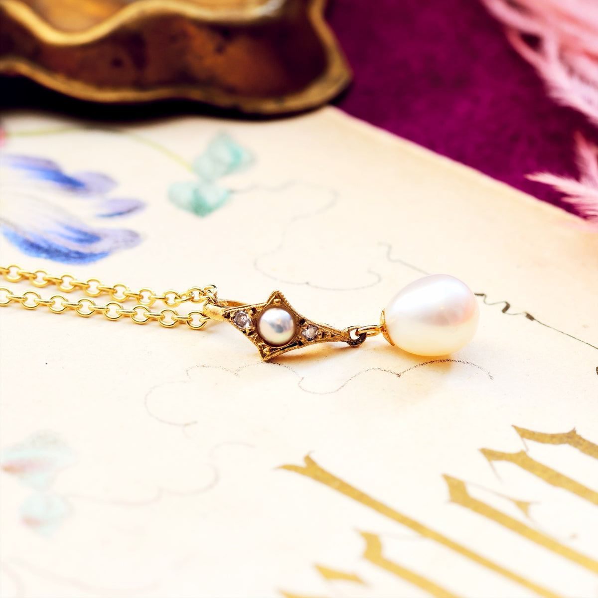 Recycled Vintage Cultured Pearl & Diamond Pendant