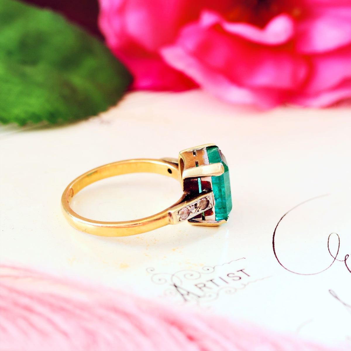 Unusual Vintage Date 1952 Emerald & Diamond Ring