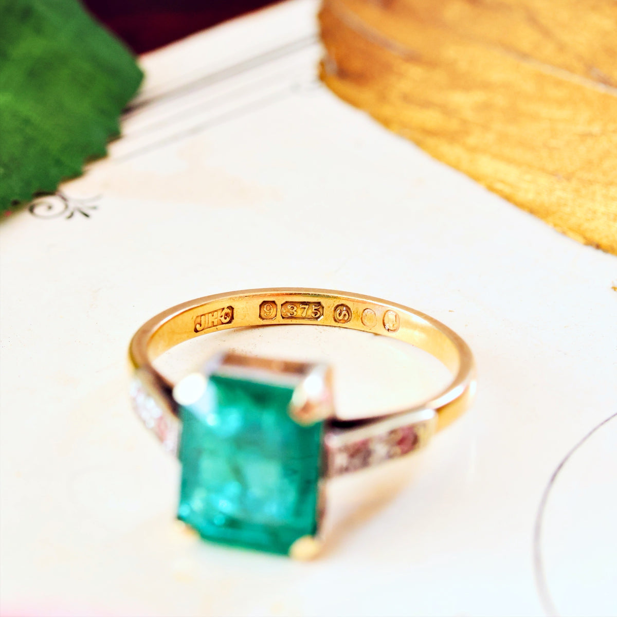 Unusual Vintage Date 1952 Emerald & Diamond Ring