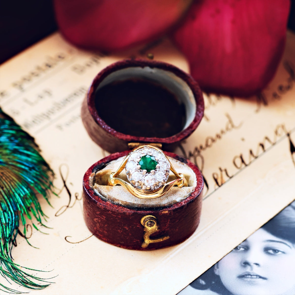 Date 1965 Emerald & Diamond Flowerette Engagement Ring