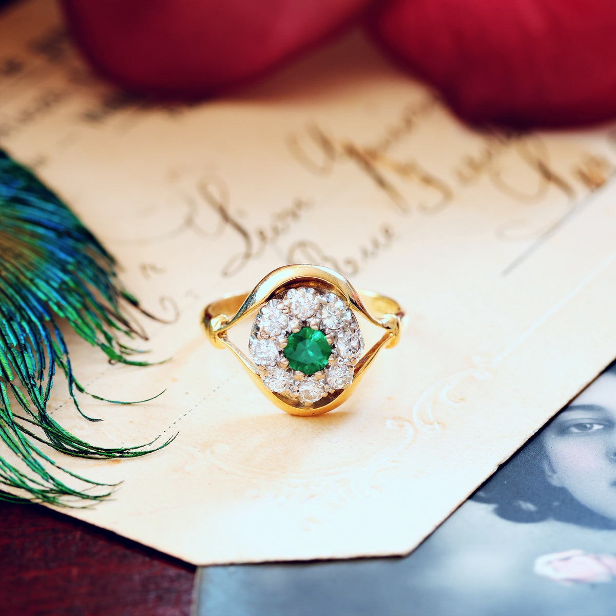 Date 1965 Emerald & Diamond Flowerette Engagement Ring