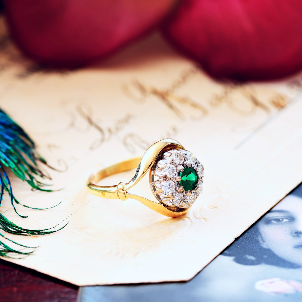 Date 1965 Emerald & Diamond Flowerette Engagement Ring