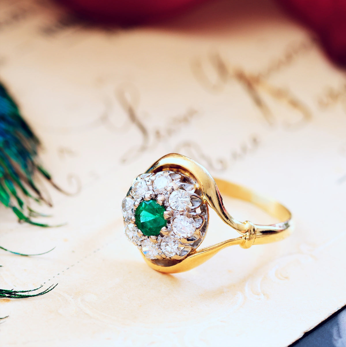 Date 1965 Emerald & Diamond Flowerette Engagement Ring