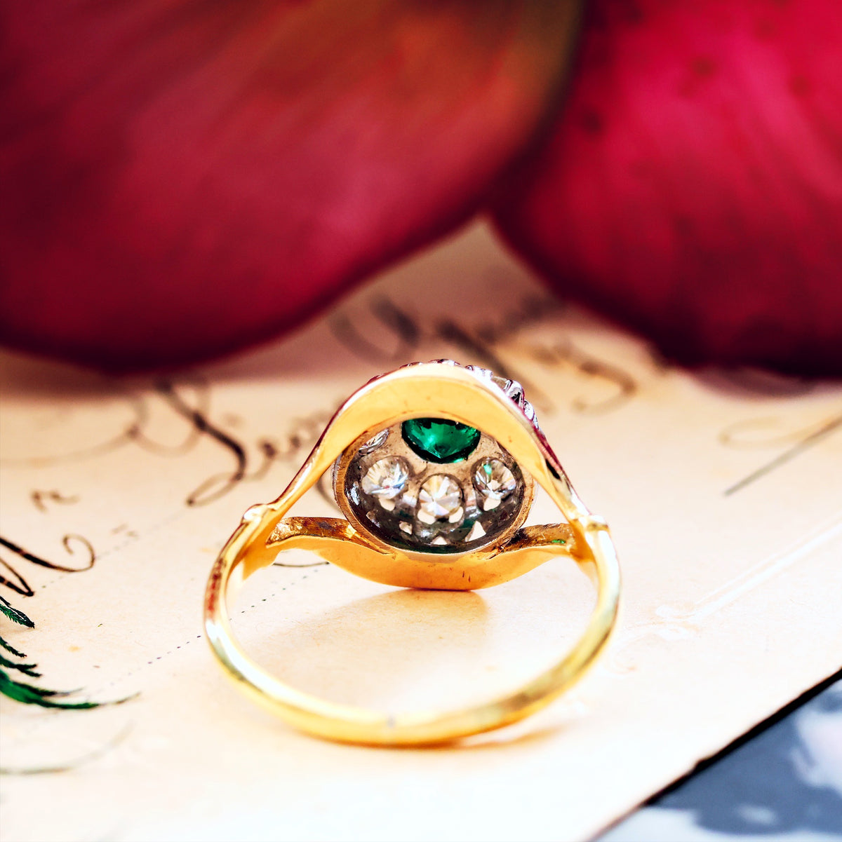 Date 1965 Emerald & Diamond Flowerette Engagement Ring