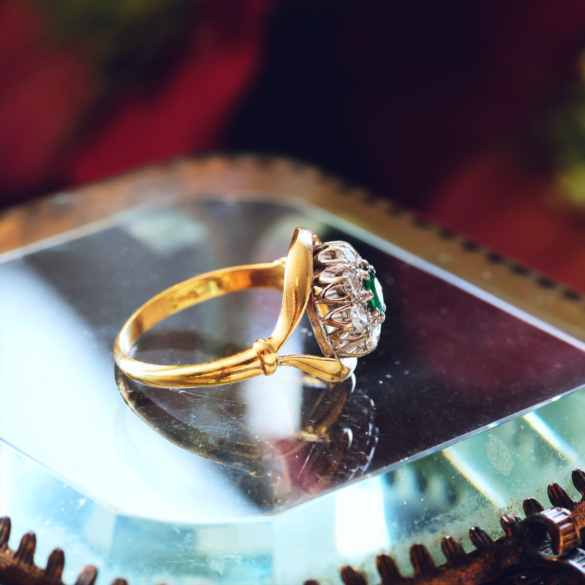 Date 1965 Emerald & Diamond Flowerette Engagement Ring