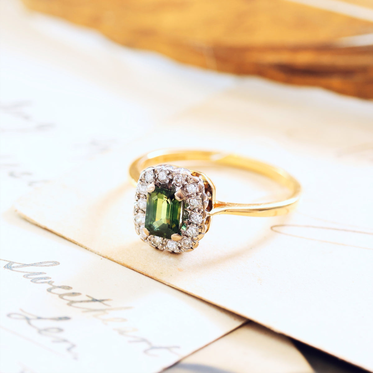 Vintage Date 1988 Green Sapphire & Diamond Engagement Ring
