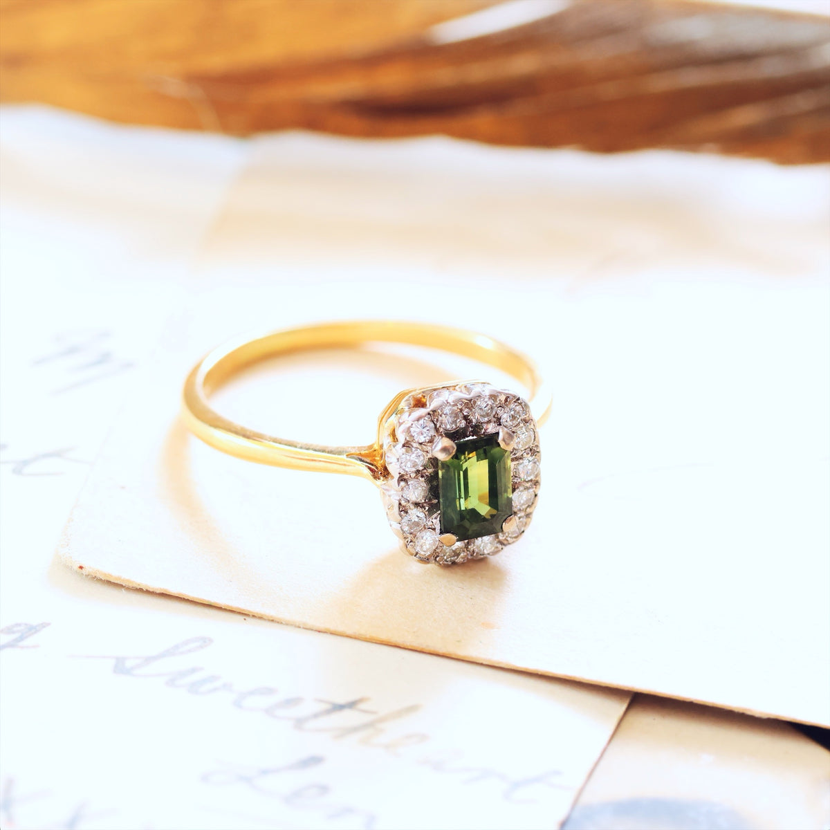 Vintage Date 1988 Green Sapphire & Diamond Engagement Ring