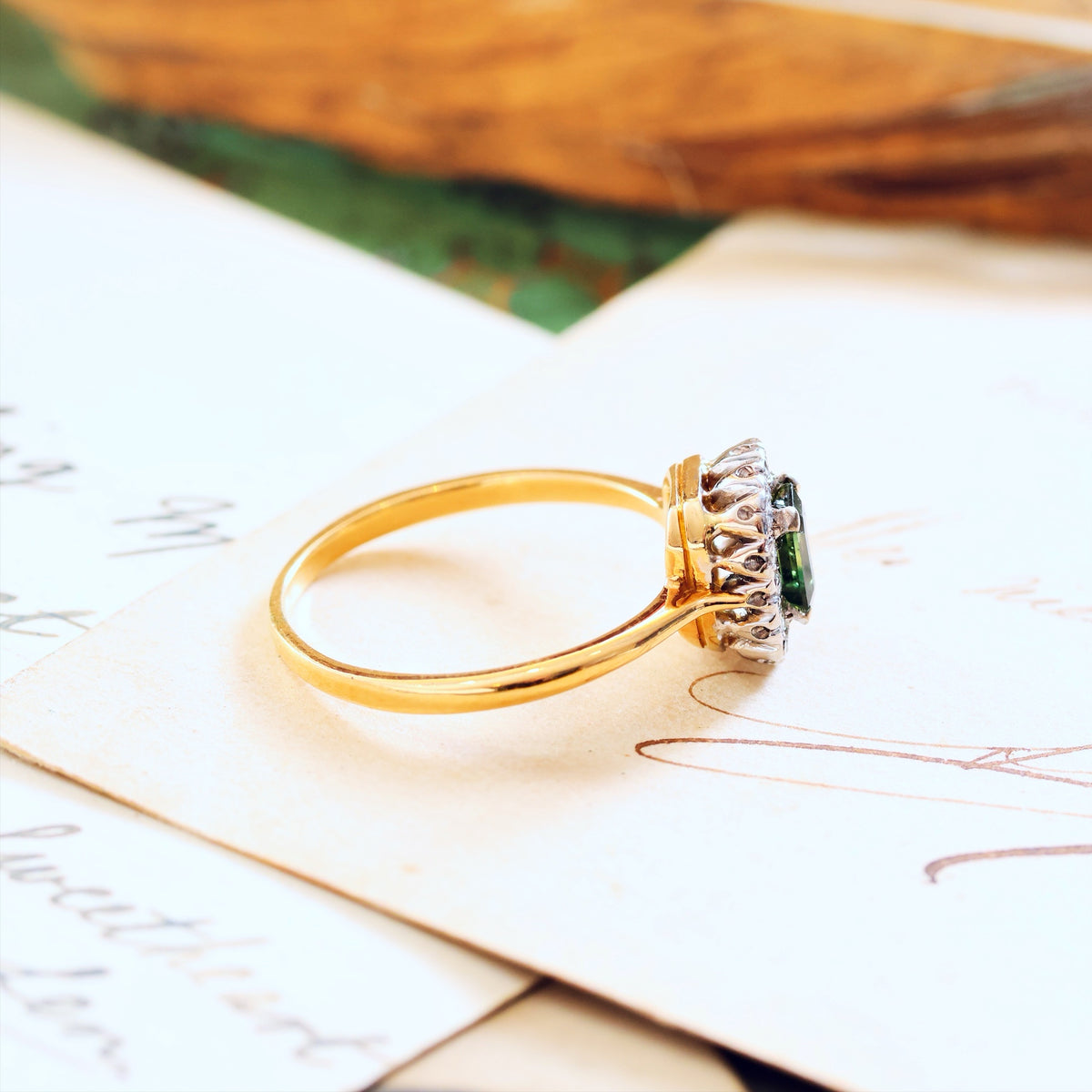 Vintage Date 1988 Green Sapphire & Diamond Engagement Ring