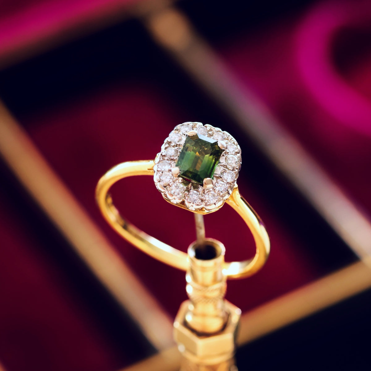 Vintage Date 1988 Green Sapphire & Diamond Engagement Ring