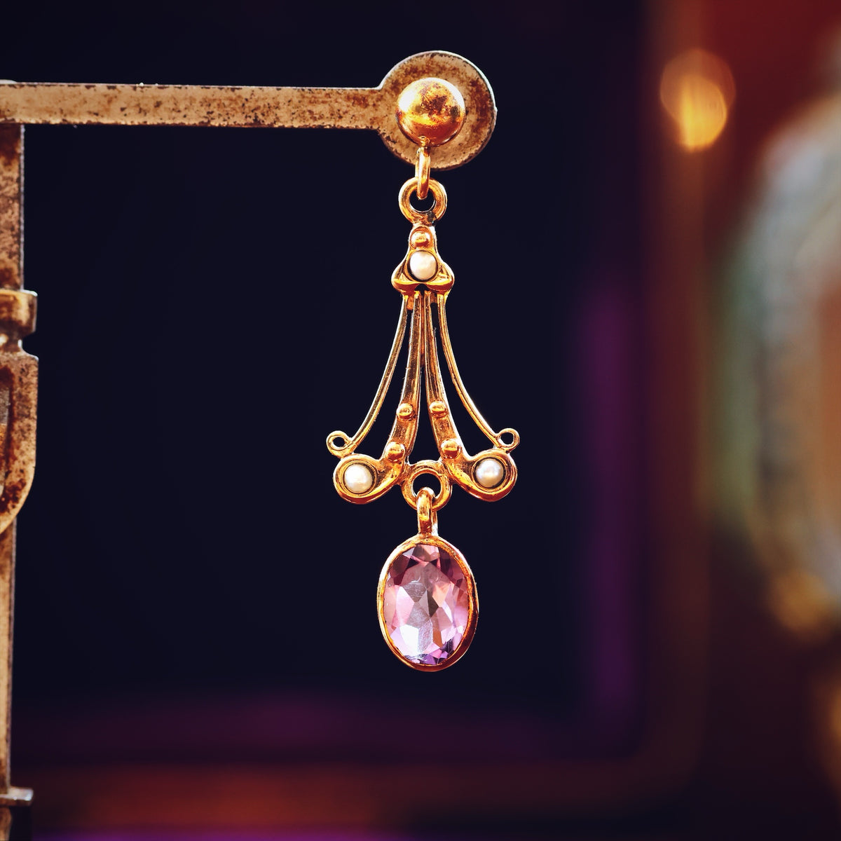 Vintage Edwardian Style Amethyst & Seed Pearl Drop Earrings