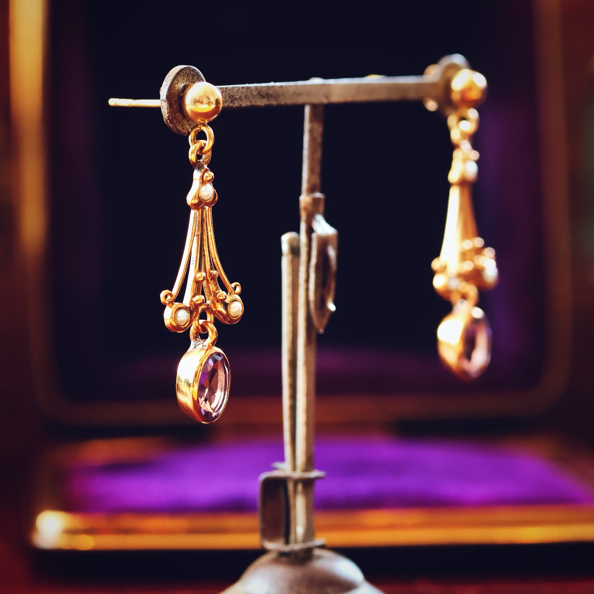 Vintage Edwardian Style Amethyst & Seed Pearl Drop Earrings