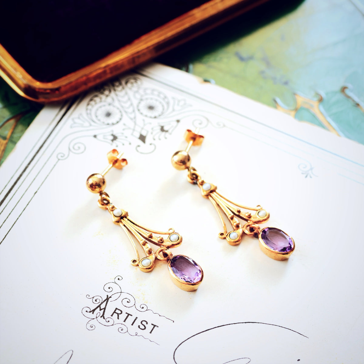 Vintage Edwardian Style Amethyst & Seed Pearl Drop Earrings