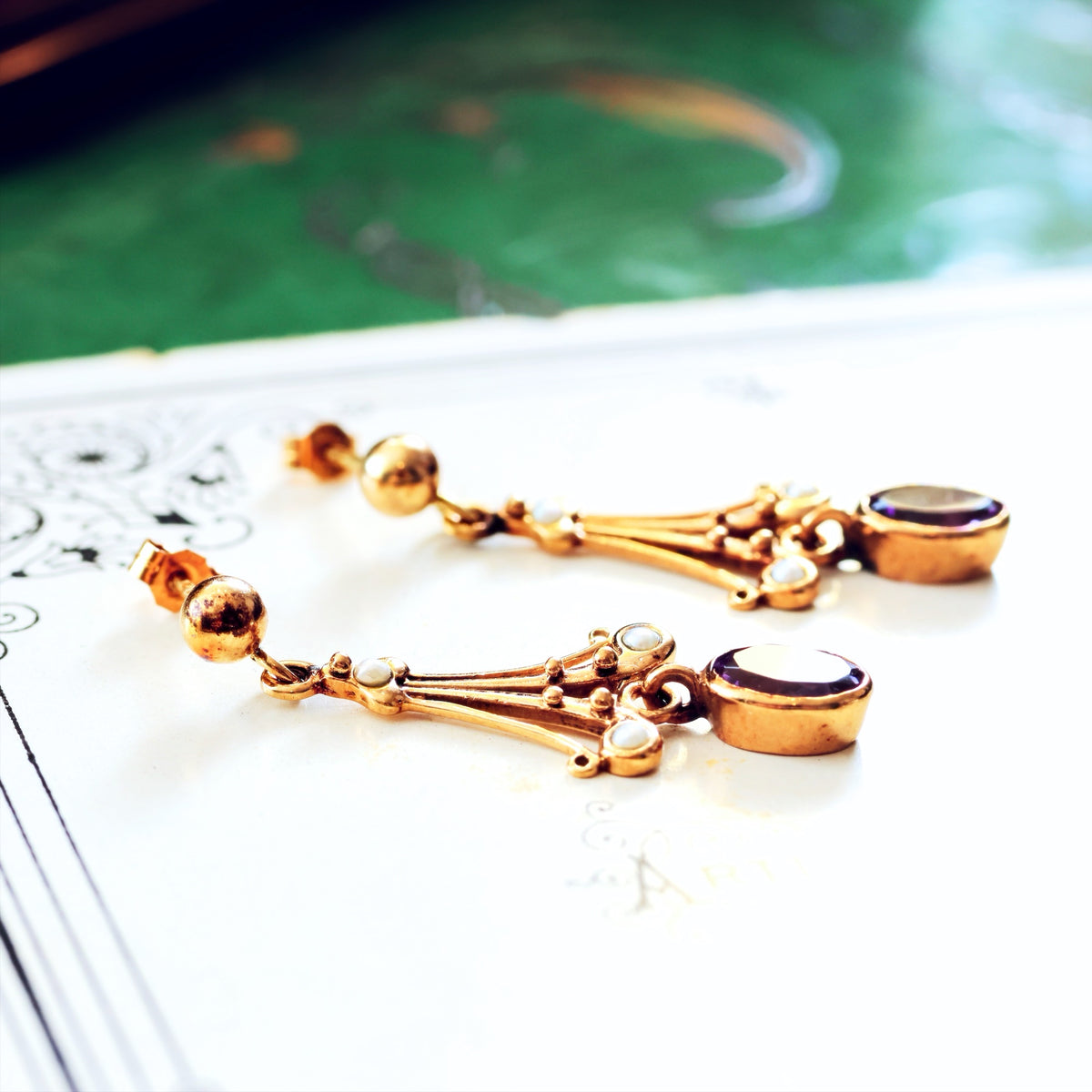 Vintage Edwardian Style Amethyst & Seed Pearl Drop Earrings