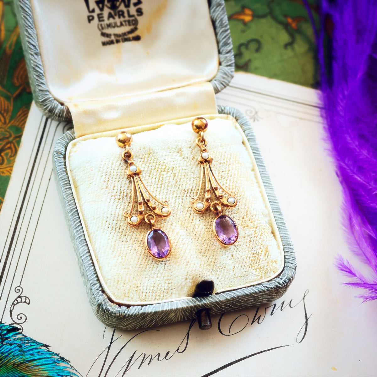 Vintage Edwardian Style Amethyst & Seed Pearl Drop Earrings