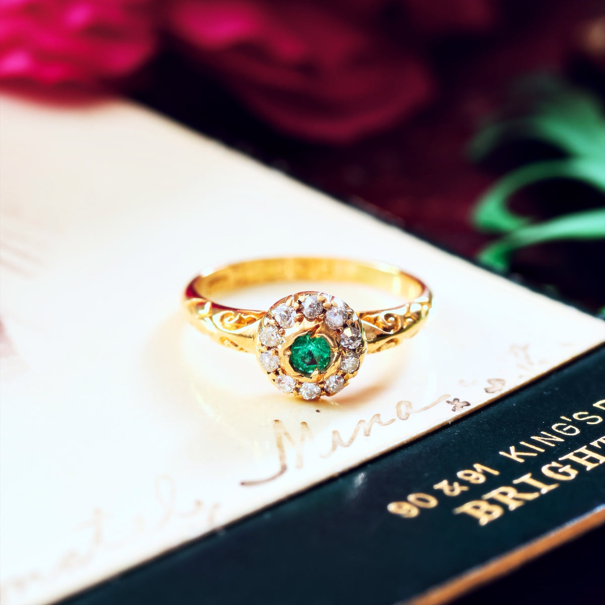 Antique Date 1904 Emerald & Diamond Flowerette Engagement Ring