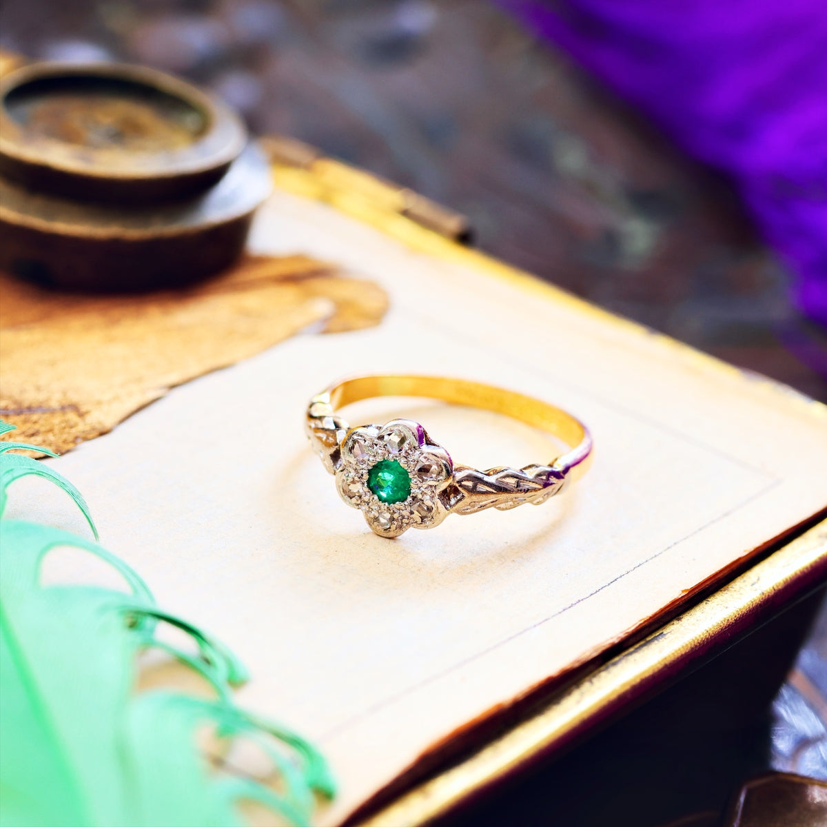 Dainty Little Vintage Emerald & Diamond Flowerette Ring