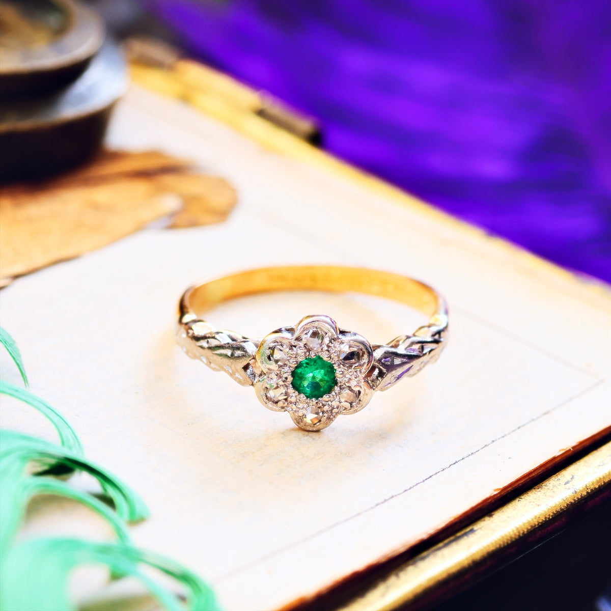 Dainty Little Vintage Emerald & Diamond Flowerette Ring