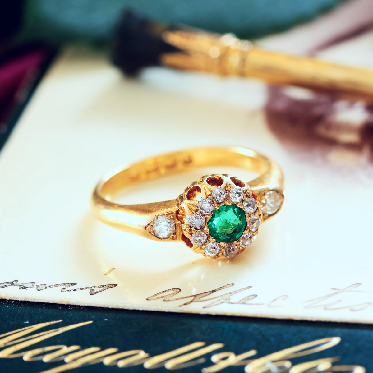 Vintage Emerald & Diamond Rosette Cluster Engagement Ring