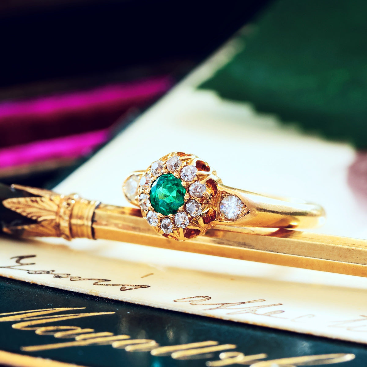Date 1904 Emerald & Diamond Rosette Engagement Ring