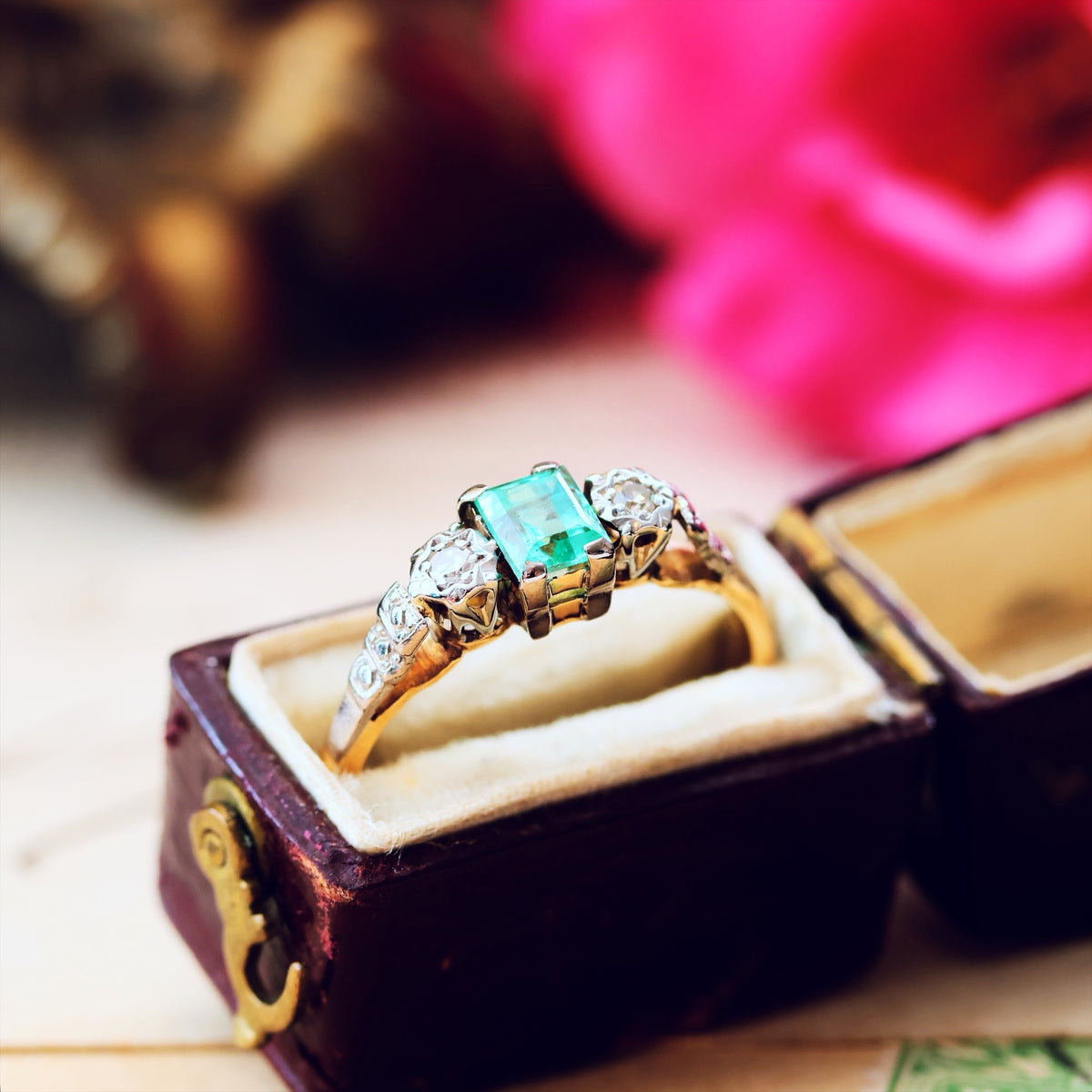 Adorable Vintage Emerald & Diamond Trilogy Engagement Ring
