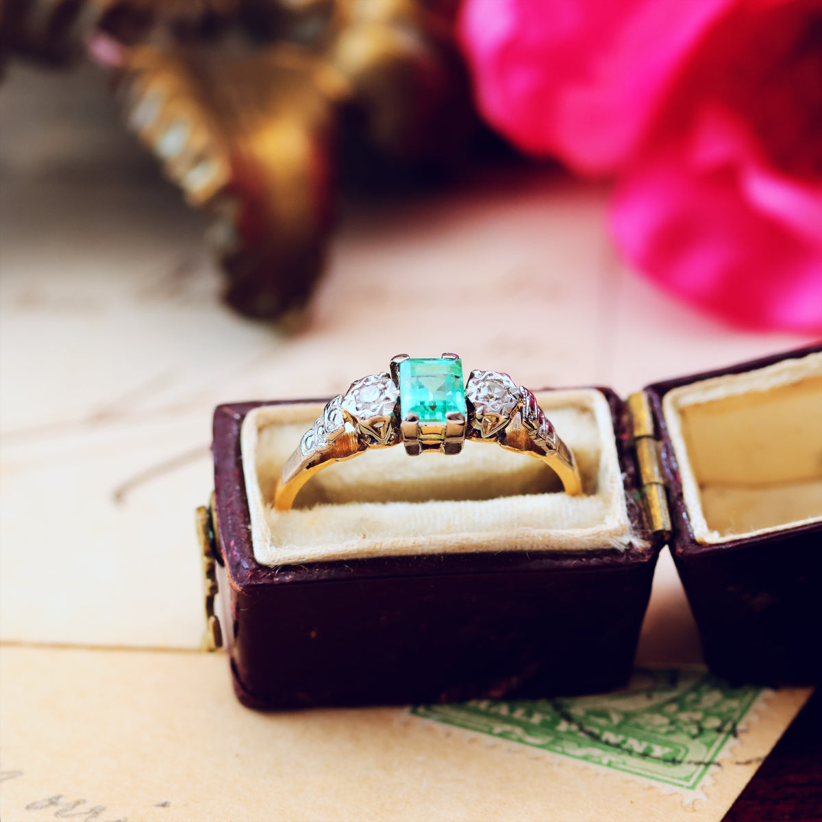 Adorable Vintage Emerald & Diamond Trilogy Engagement Ring
