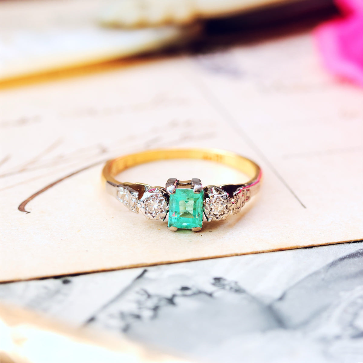 Adorable Vintage Emerald & Diamond Trilogy Engagement Ring