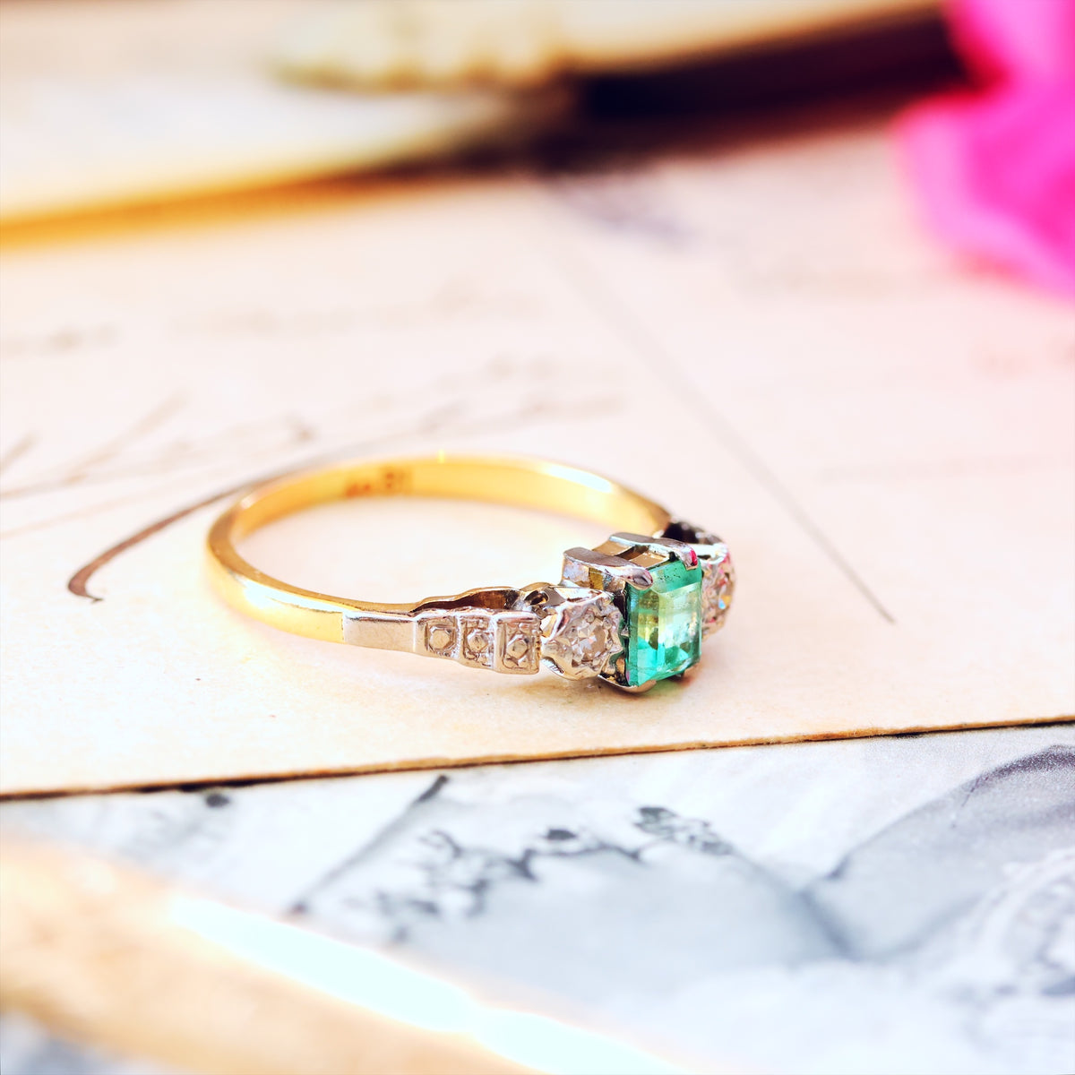 Adorable Vintage Emerald & Diamond Trilogy Engagement Ring