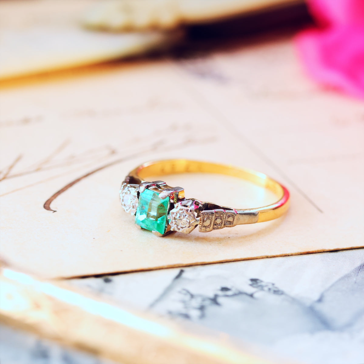 Adorable Vintage Emerald & Diamond Trilogy Engagement Ring