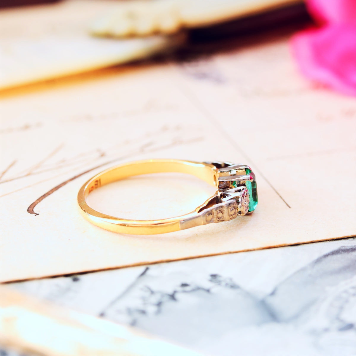 Adorable Vintage Emerald & Diamond Trilogy Engagement Ring