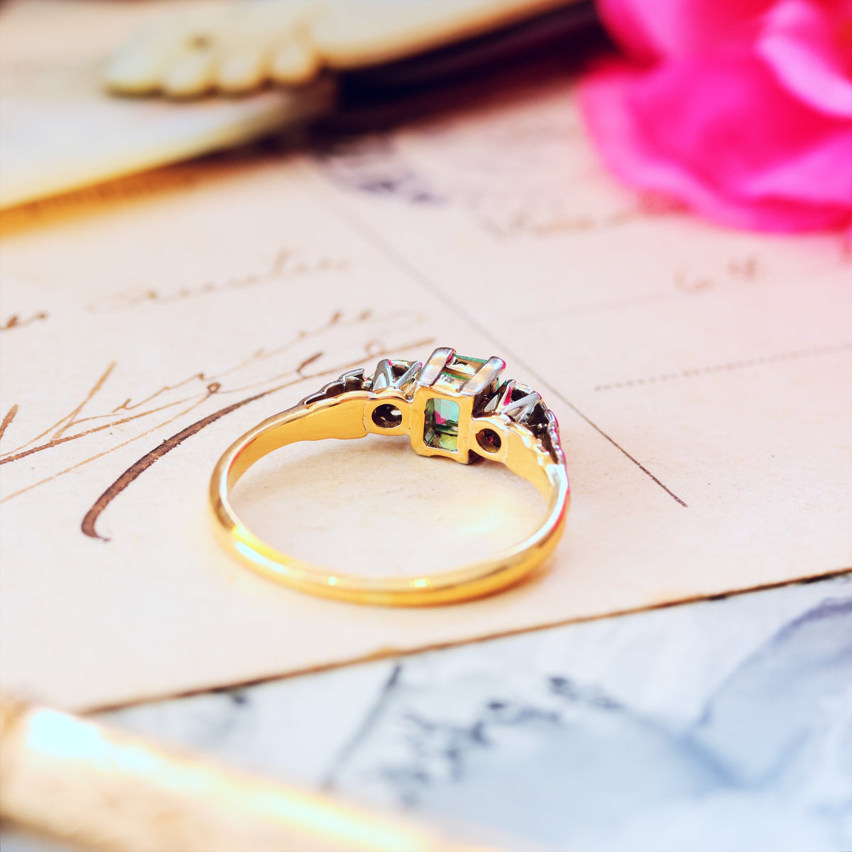 Adorable Vintage Emerald & Diamond Trilogy Engagement Ring
