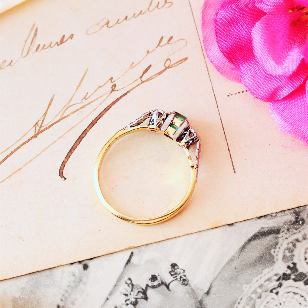 Adorable Vintage Emerald & Diamond Trilogy Engagement Ring