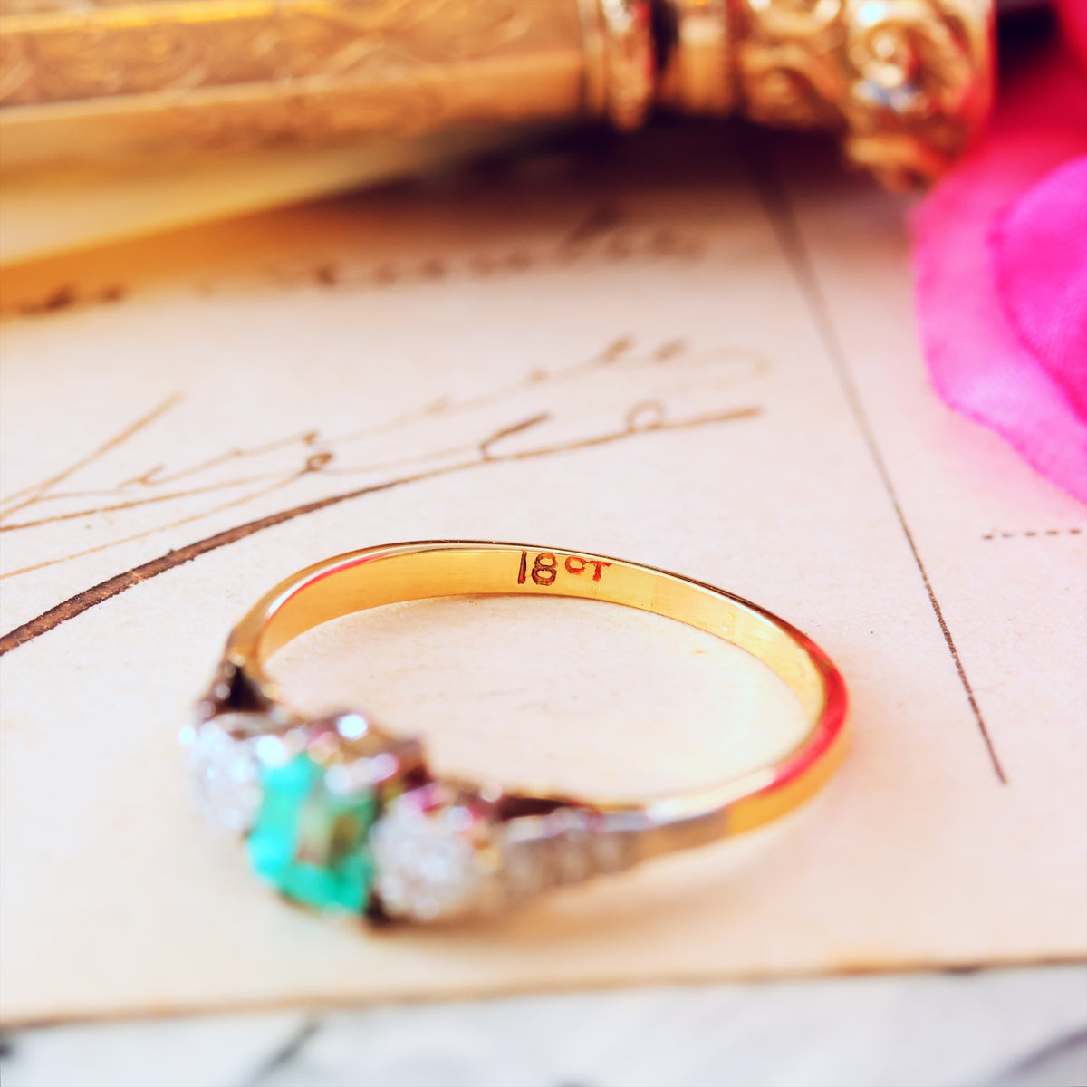 Adorable Vintage Emerald & Diamond Trilogy Engagement Ring