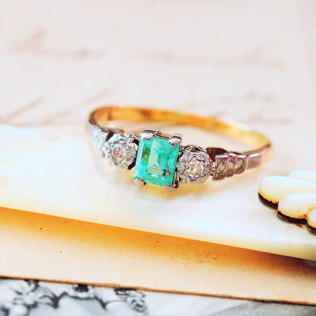 Adorable Vintage Emerald & Diamond Trilogy Engagement Ring