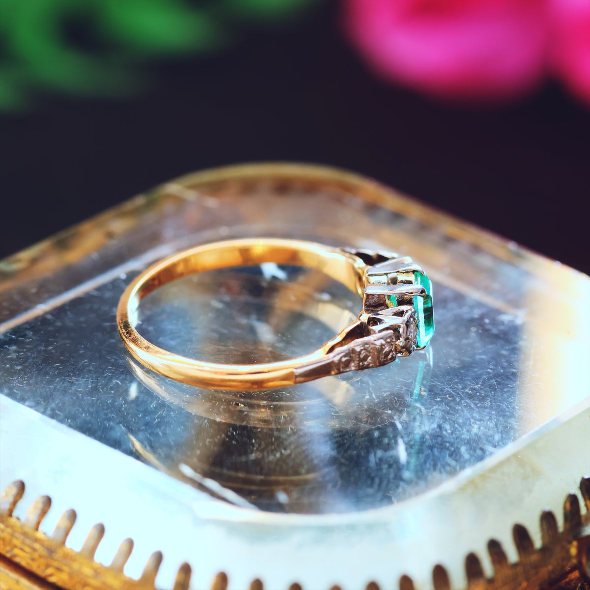 Adorable Vintage Emerald & Diamond Trilogy Engagement Ring