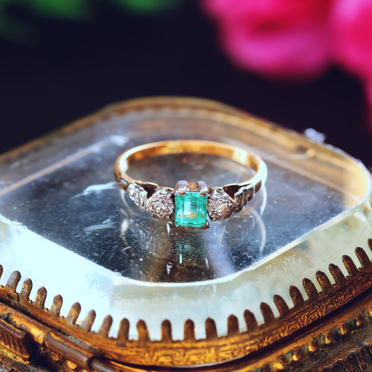 Adorable Vintage Emerald & Diamond Trilogy Engagement Ring