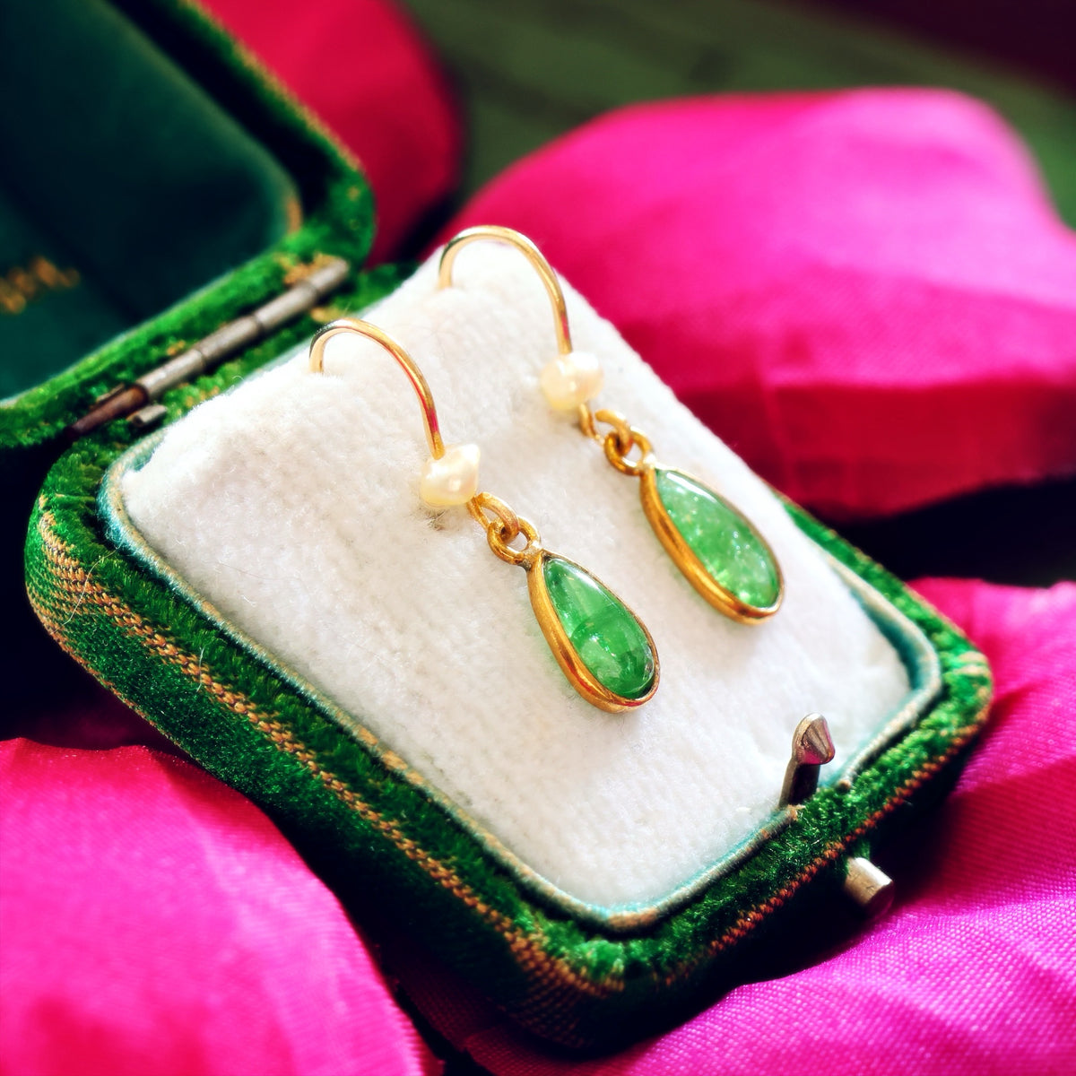 Enchanting Vintage Emerald & Wild Pearl Drop Earrings