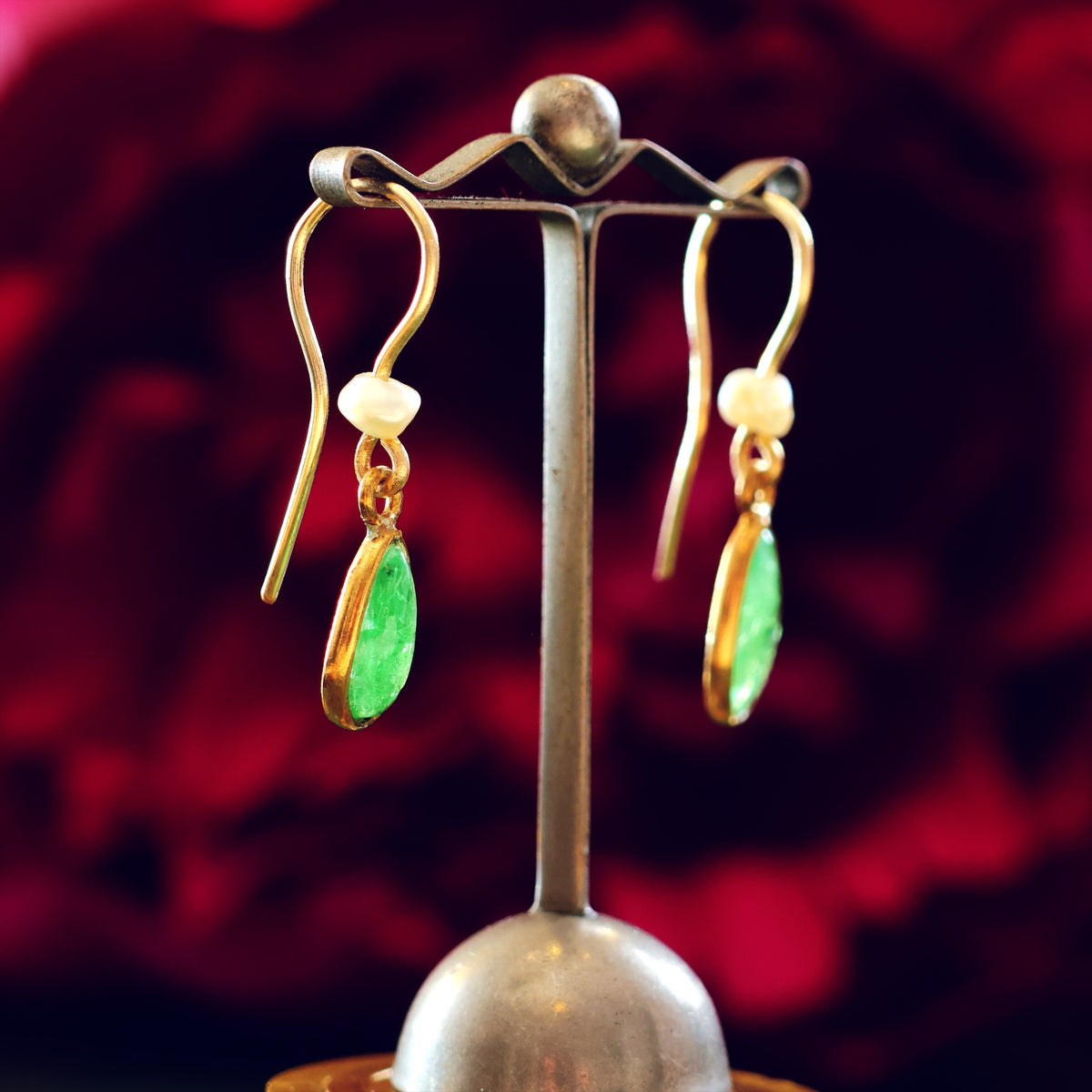 Enchanting Vintage Emerald & Wild Pearl Drop Earrings